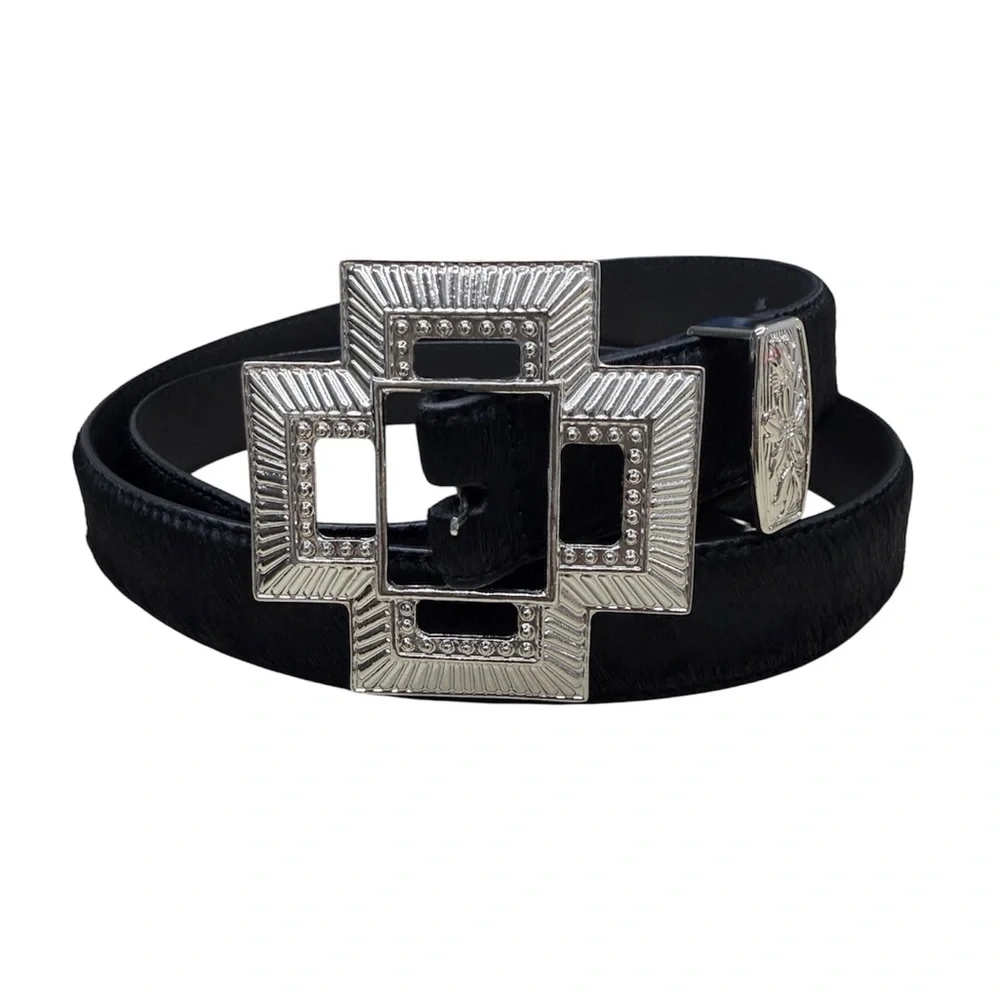 Western Black Calf Hair Leather Belt Silver Statement Buckle Southwestern